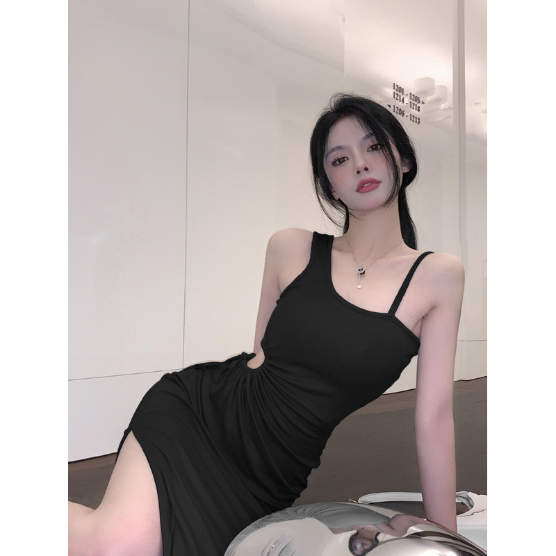 Dress Wanita Hitam Tali Bahu Pinggang Serut Belah Samping Gaya Retro Seni Pendek Musim Panas