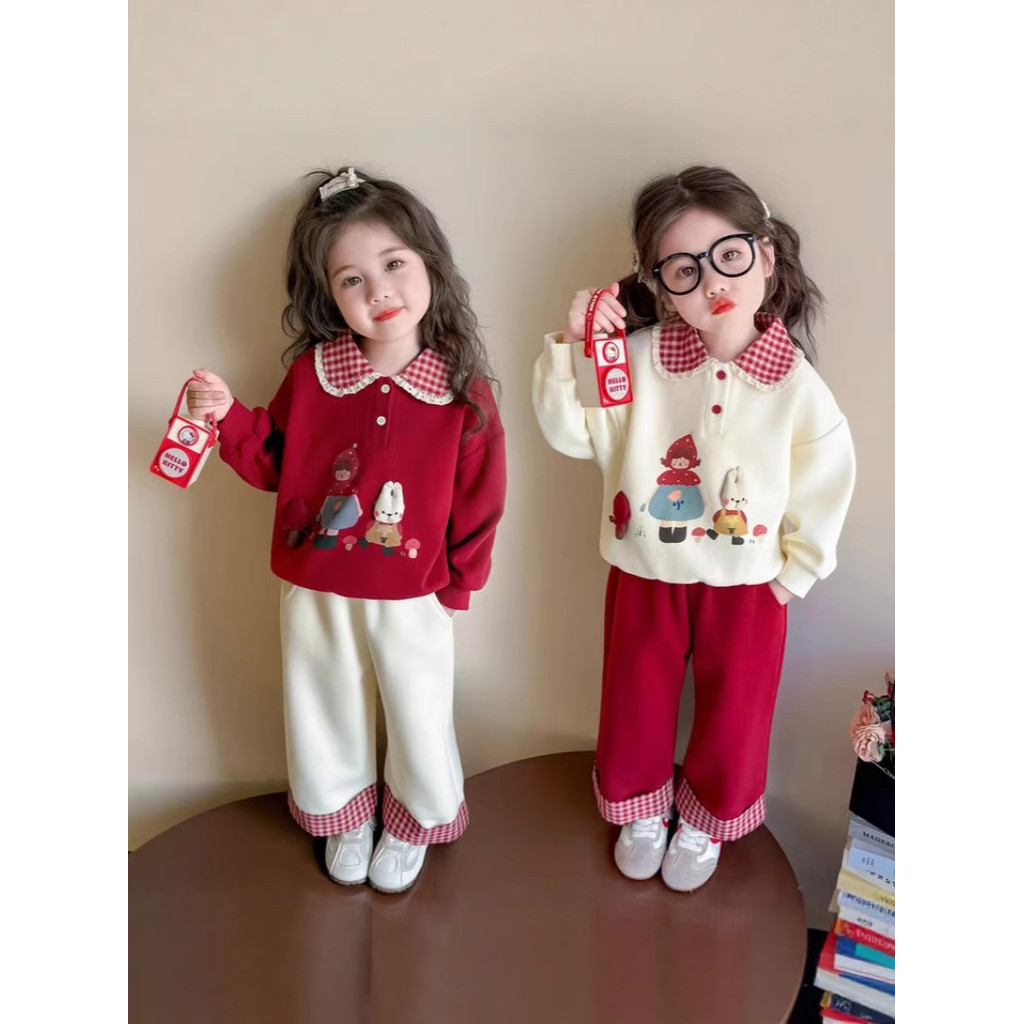 Set Sweater Anak Perempuan Musim Gugur Baru Jamur Kelinci Merah Kotak-kotak Stylish