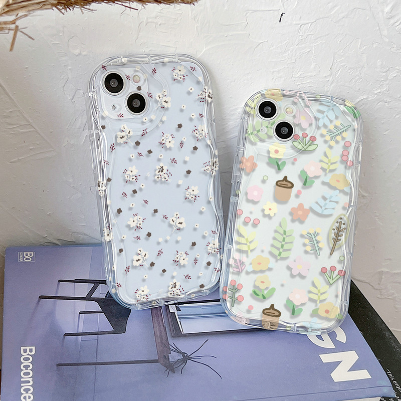 Transparan Gelombang Casing Motif Segar Bunga Untuk iPhone 15 14 13 12 11 Pro X XR Xs Max 6 6s 7 8 P