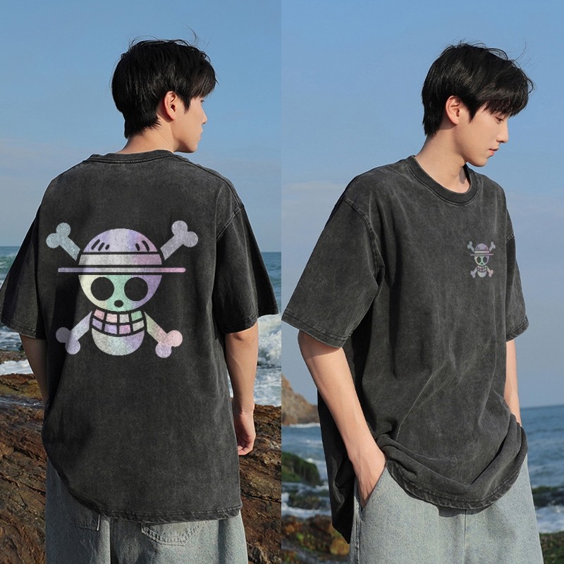 COD Misteri Official Kaos Distro Pria Washed Tshirt Vintage Oversize ONE PIECE Topi Jerami Tengkorak