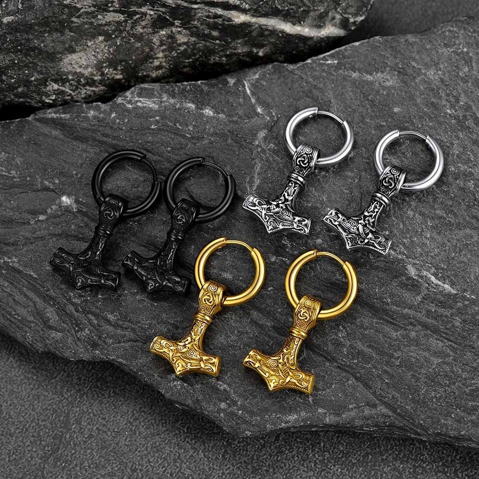 U7 Unisex Viking Mjolnir Earrings for Man Woman Stainless Steel Norse Mythology Hammer Amulet Drops 