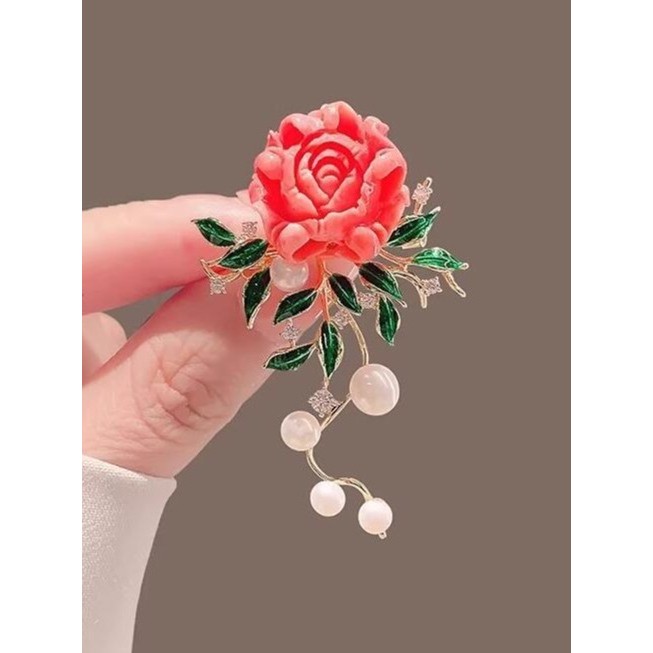Bros Wanita Lianhua Bunga Mawar Mutiara Daun Enamel Hijau Elegan Klasik Oriental Alloy Aksesoris Hij