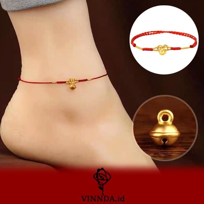 Gelang Kaki Retro Fashion Berlapis Emas dengan Lonceng Kecil dan Tali Tenun Tangan VINNDA
