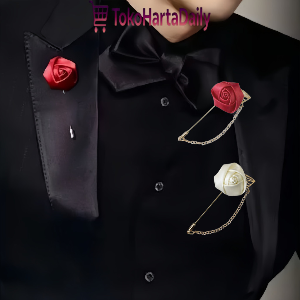 Bros Jas Pengantin Lapel Pin Satin Bunga Mawar Merah Putih Aksesoris Wedding Pria