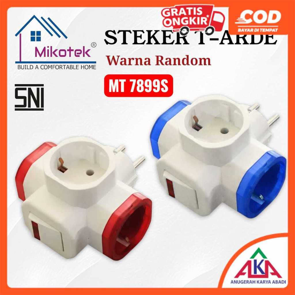 MIKOTEK Steker T-Arde MT-7899S Stop Kontak Cabang 3 Saklar 10A Warna Terminal Kuningan SNI - Random