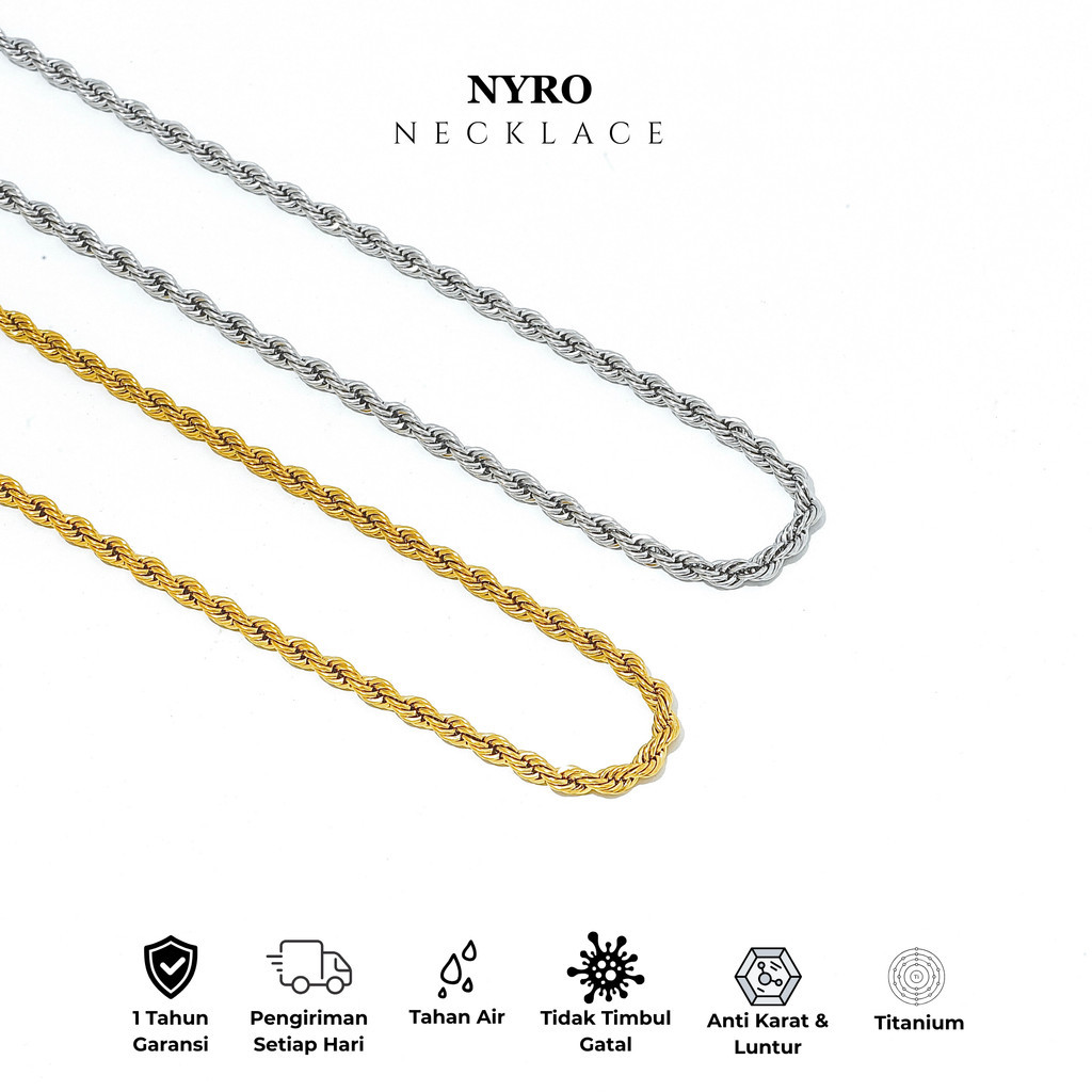 MENSTUDIO - Kalung Pria Wanita Anti Karat, Titanium, Tambang Tebal, Jewelry, Emas, Silver, Mewah, El