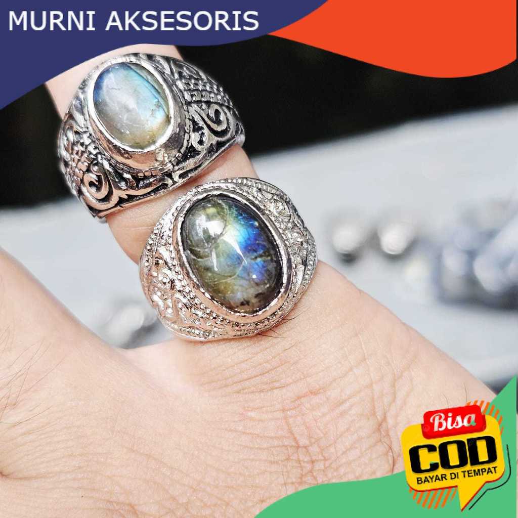 Murni Aksesoris. Cincin Batu Akik Labrador Natural dengan Klip Klep Biru Laut Size Kantoran dengan R
