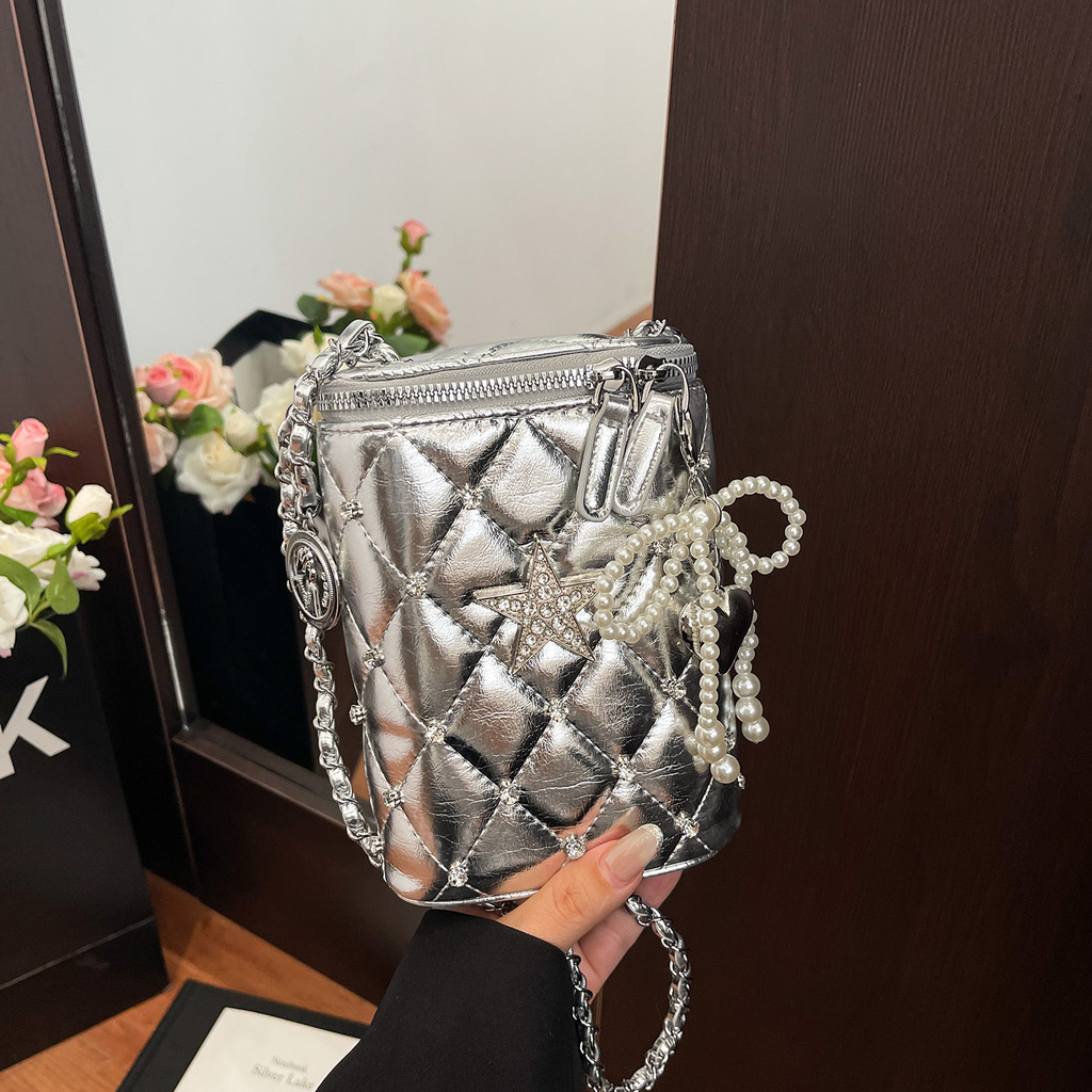 Tas wanita baru bergaya Chanel, tas ponsel, tas selempang rantai, tas selempang berlapis, dompet koi