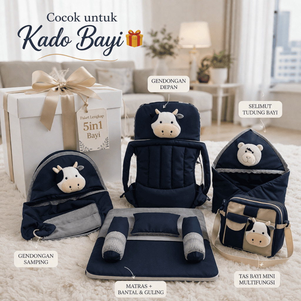 Paket Bayi 5in1 Premium Boneka Sapi – Tas Bayi + Gendongan Depan & Samping + Selimut Tudung + Kasur 