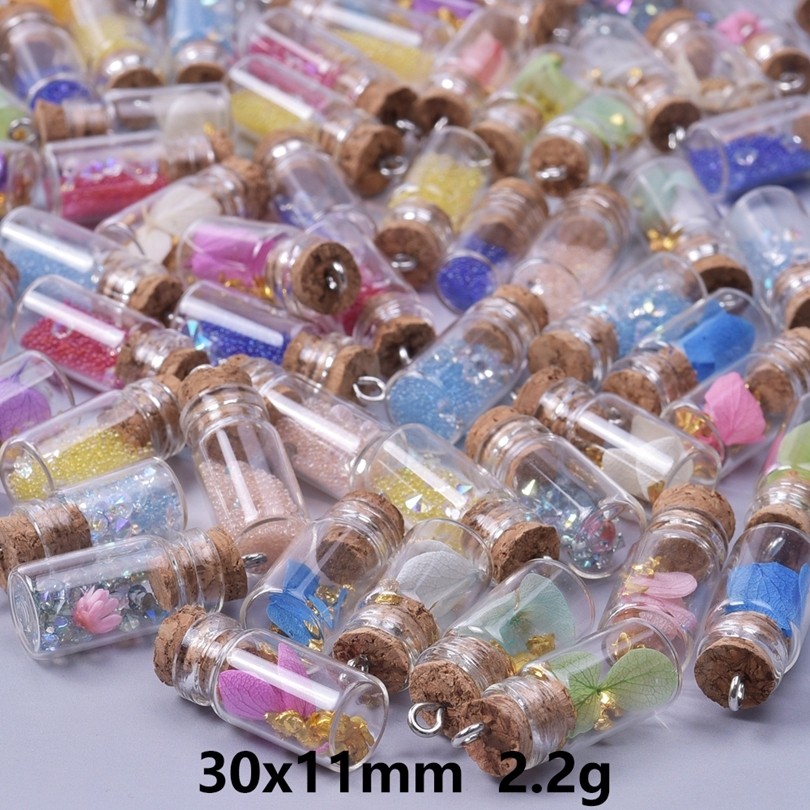 10/20/30/40pcs/Lot Small Pearl Bling Sequin Glass Bottle Charms Message Wish Bottle Pendant Mini Cle