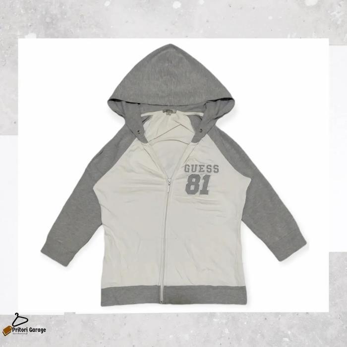 Zipper Hoodie Jacket Fleece Guess Logo Bordir White Grey Color Block