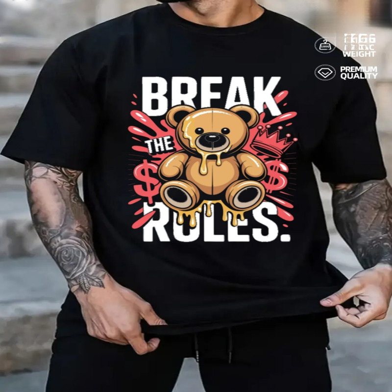 Kaos Pria Santai Lengan Pendek Y2K - Motif "Break The Rules" New York City, Beruang Emas & Simbol Do