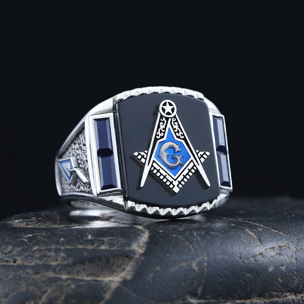 Antique Masonic Black Agate Sterling Silver Ring