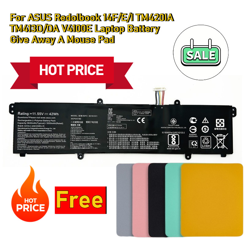 For ASUS Redolbook 14F/E/I TM420IA TM413D/DA V4100E Laptop Battery Give Away A Mouse Pad