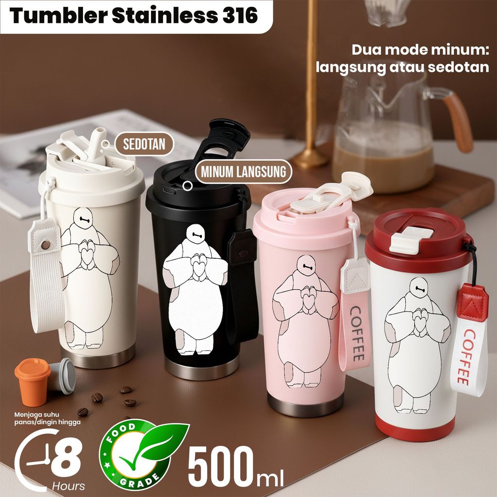 Tumbler Stainless 304 Baymax 500ml Minum Langsung atau Sedotan 8 Jam Penyimpanan Suhu Makanan Grade 