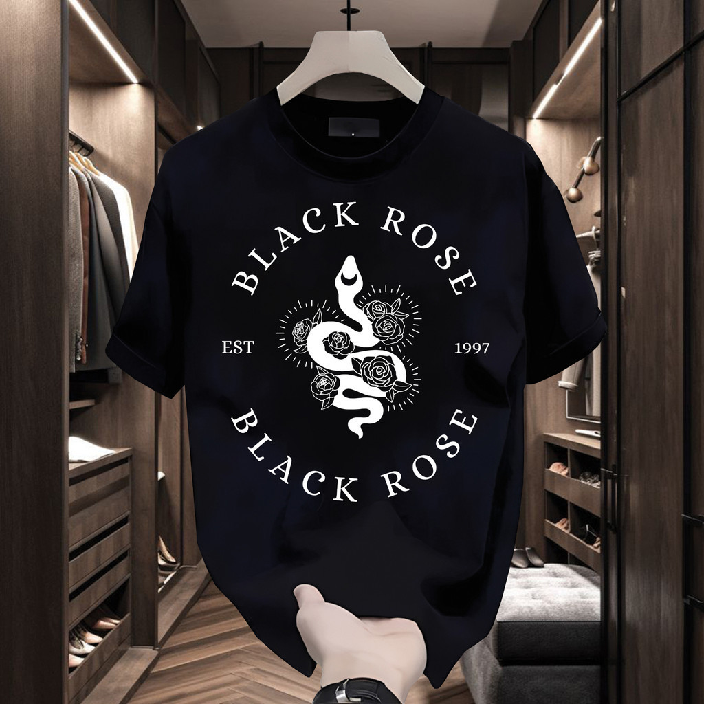Kaos Estetik Black Rose Snake Graphic Premium Cotton Combed Kaos Casual Streetwear Fashion Cowok Cew