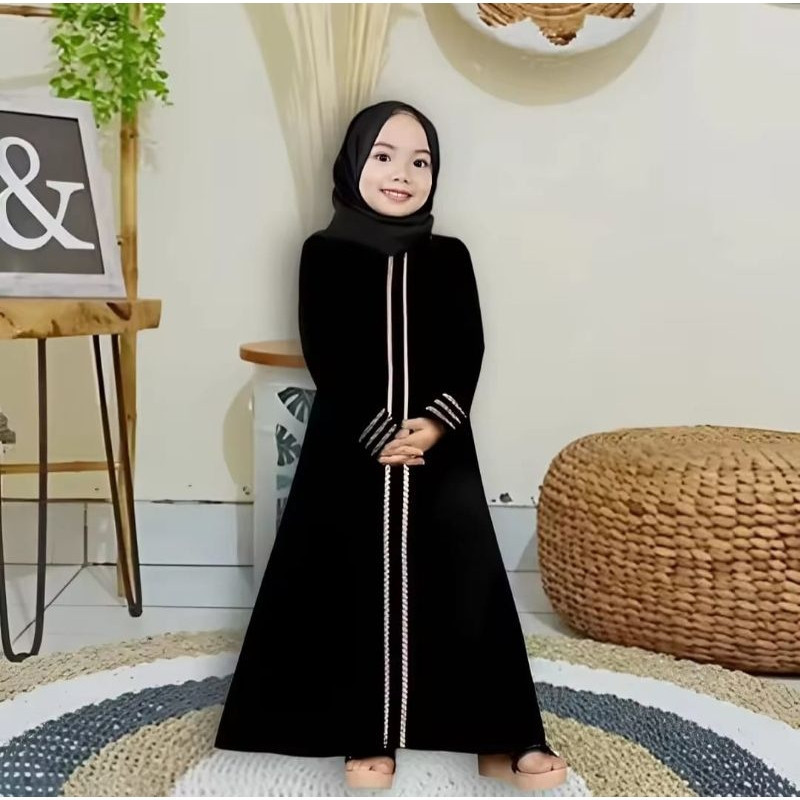 Baju Gamis Abaya Crinkle Airflow Anak Hitam Putih Warna Polos Manasik Dress Harian Model Mesir Arab 