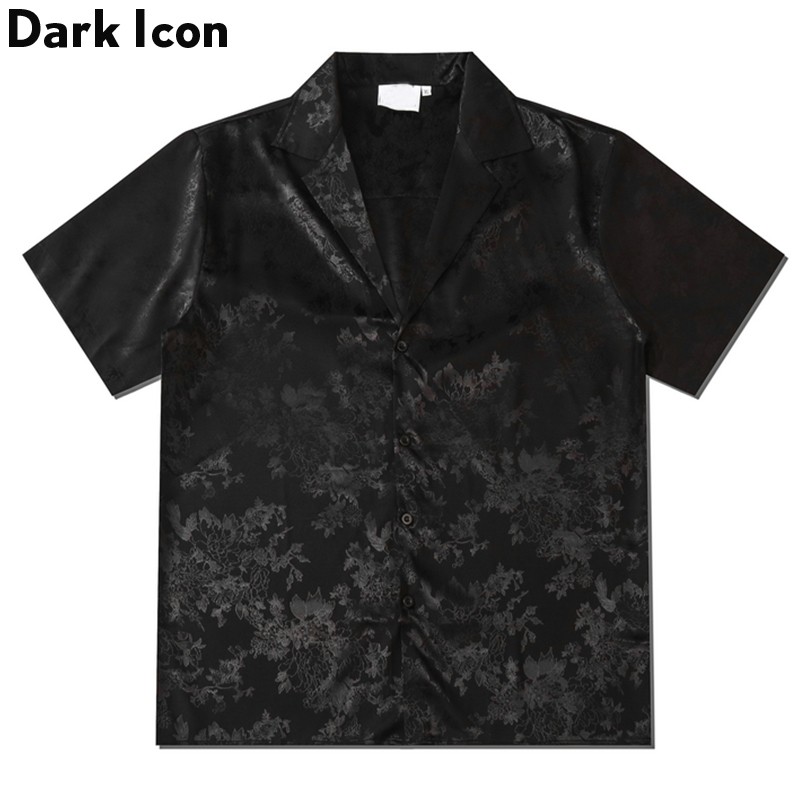 SYAZIAS Dark Icon Kemeja Hitam Satin Pria Lengan Pendek Vintage Kemeja Cowok Oversize Shirt Men Puti