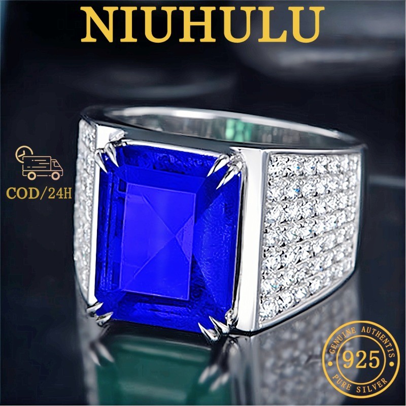 Cincin Pria Emas Putih 18K Safir Persegi Panjang Zirkonium Flash 5A Gypsophila