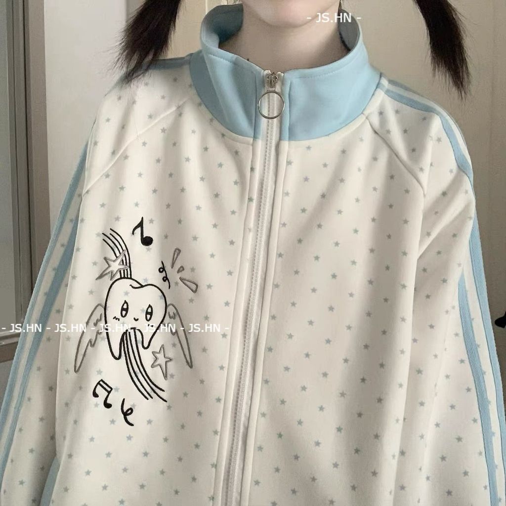 JS.HN - Jaket Sweatshirt Lengan Panjang Gaya Korea Kerah Tegak Gaya Seragam Sekolah Y2K Amerika Moti