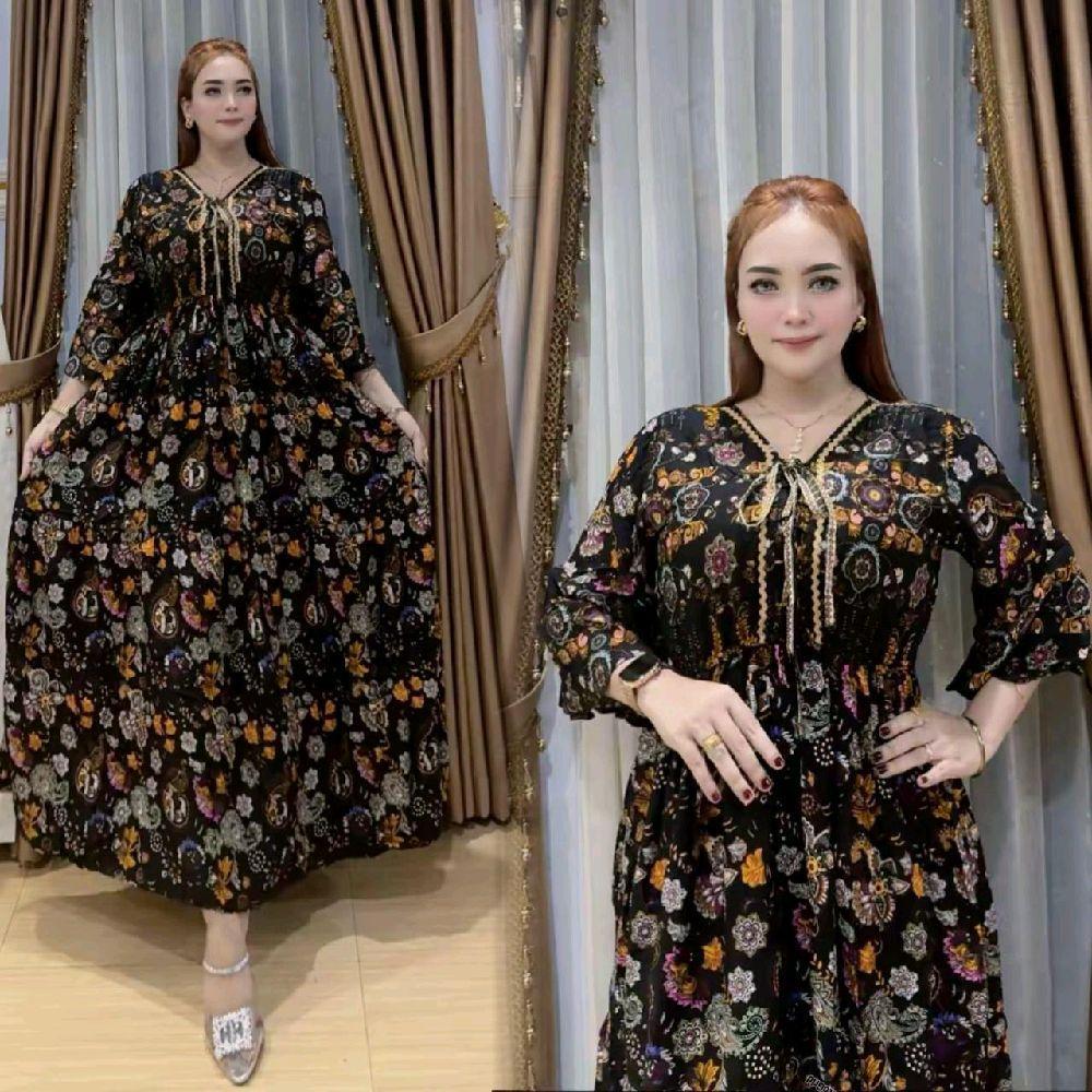 Baju wanita dress harian katun rayon serut depan lengan 7/8 karet pinggang Serut Ningrum
