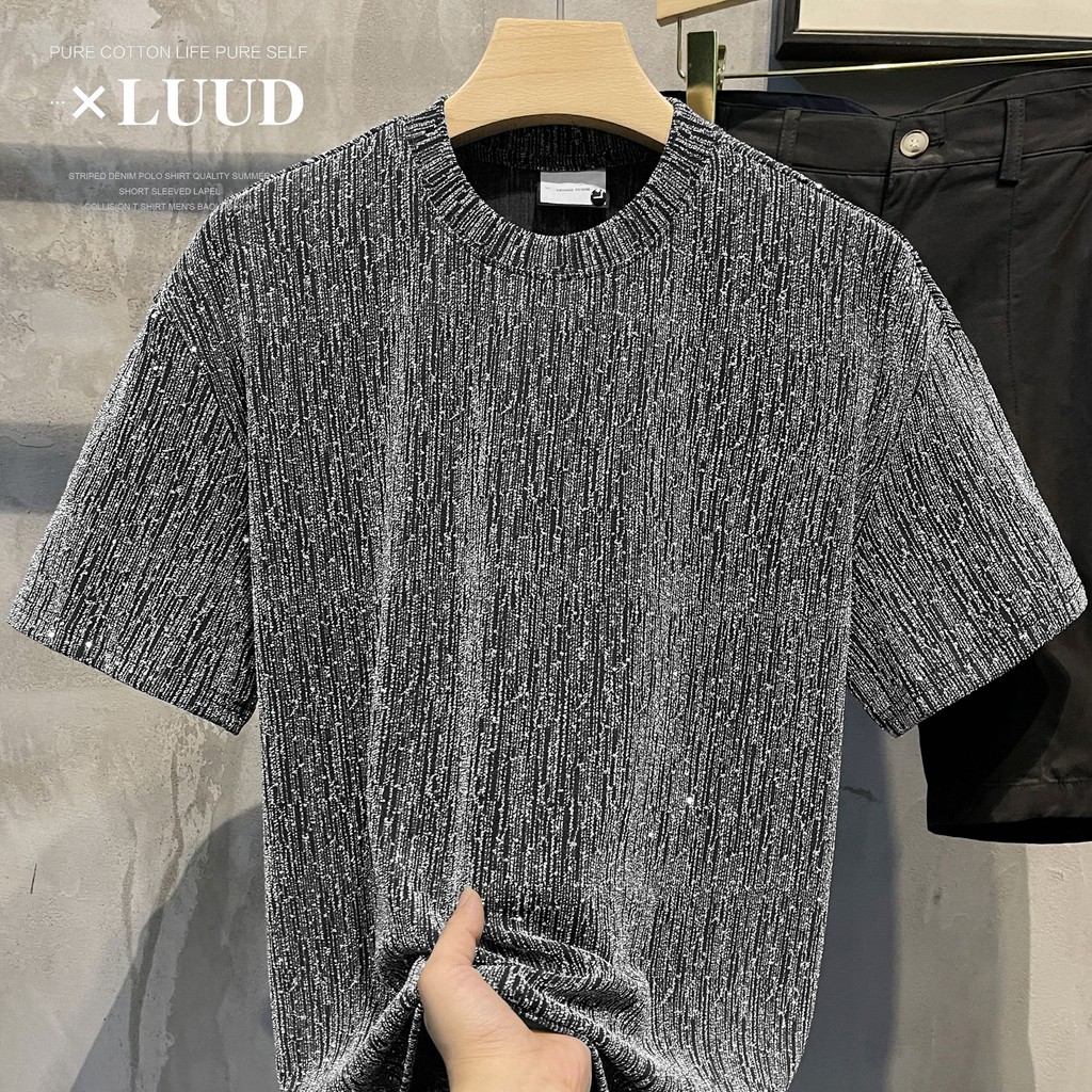 Kemeja pria lengan pendek mewah berkualitas tinggi dengan hiasan batu permata. T Baju Kaos Kaos