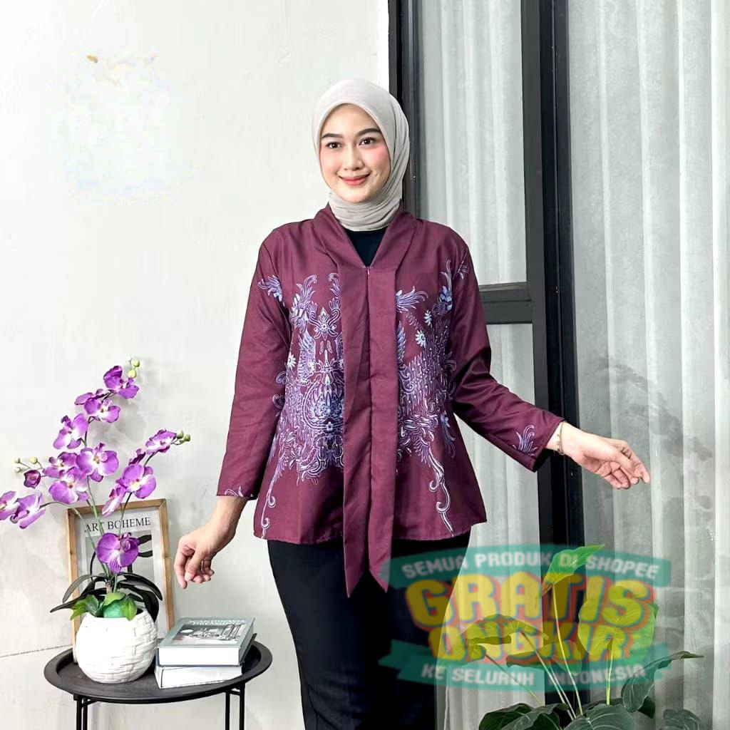Kebaya Batik Wanita Atasan Cewek Blus Lengan Panjang Kutubaru Kartini Modern Kantor Motif Banyak C11