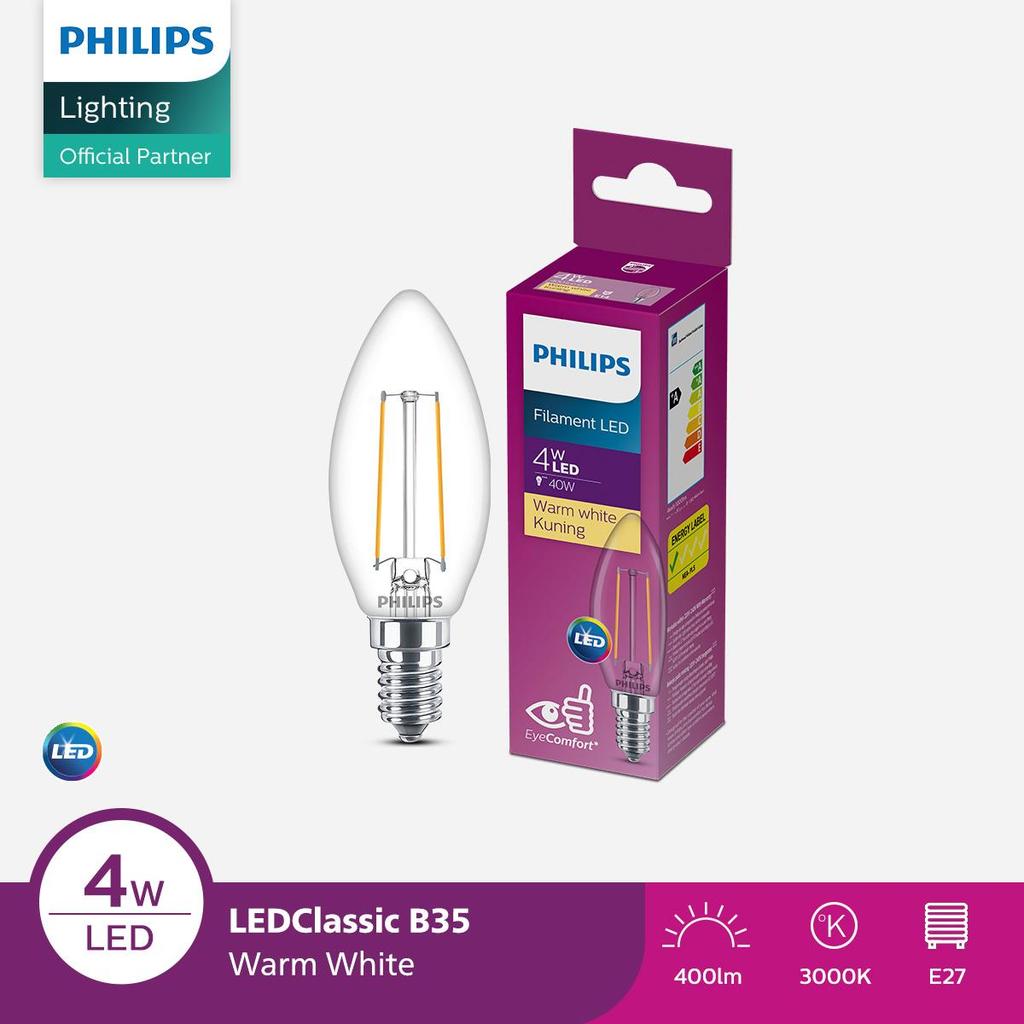 Lampu Philips Filament Bohlam LED Classic  4W B35 E14 Kuning