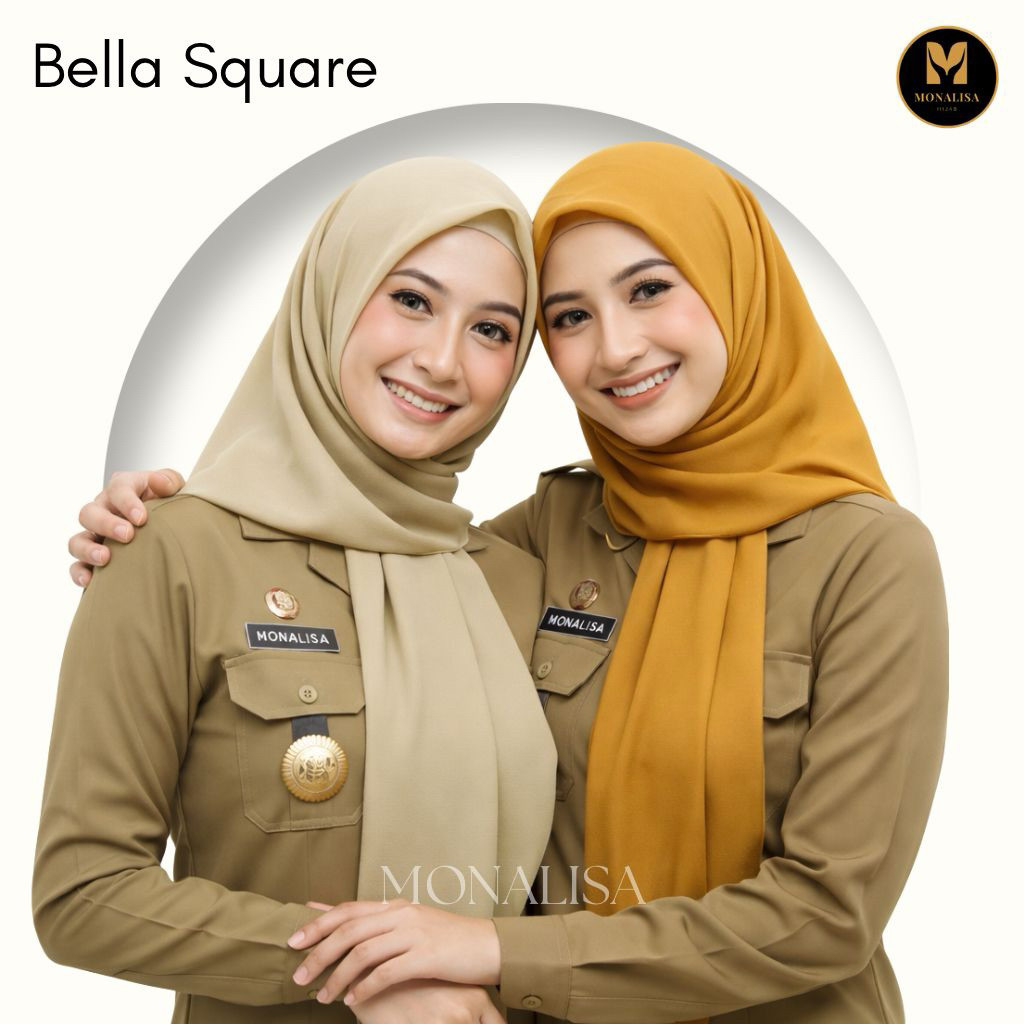 Hijab Bella Square Jahit Mustard-Khaki Muda | Hijab Segiempat PNS ASN Elegan Premium