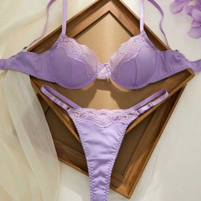 LadyAllure COD Set Lingerie Wanita Ungu Muda Seksi Bra Underwire Tipis Push Up Lace French Style Ele