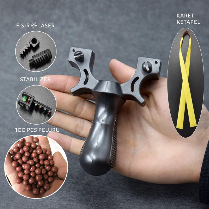 Ketapel Laser Slingshoot / Ketapel Olahraga Resin Hitam + (100 Bola Ketapel)