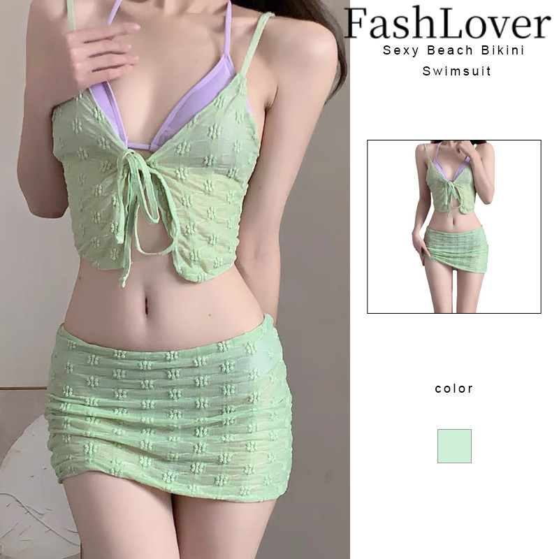 FASHLOVER Baju Renang Pantai Seksi untuk Wanita Setelan Baju Renang 4 Potong Gaya Liburan Bikini Gay