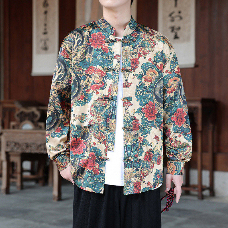 Kemeja Pria Cetak Kancing Gaya Cina Baru
