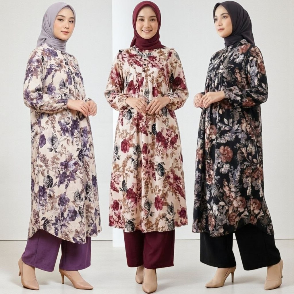 Namira One Set Wanita Kekinian Tunik Rayon Premium Baju Setelan Celana Kulot Korean Style LD 110 cm
