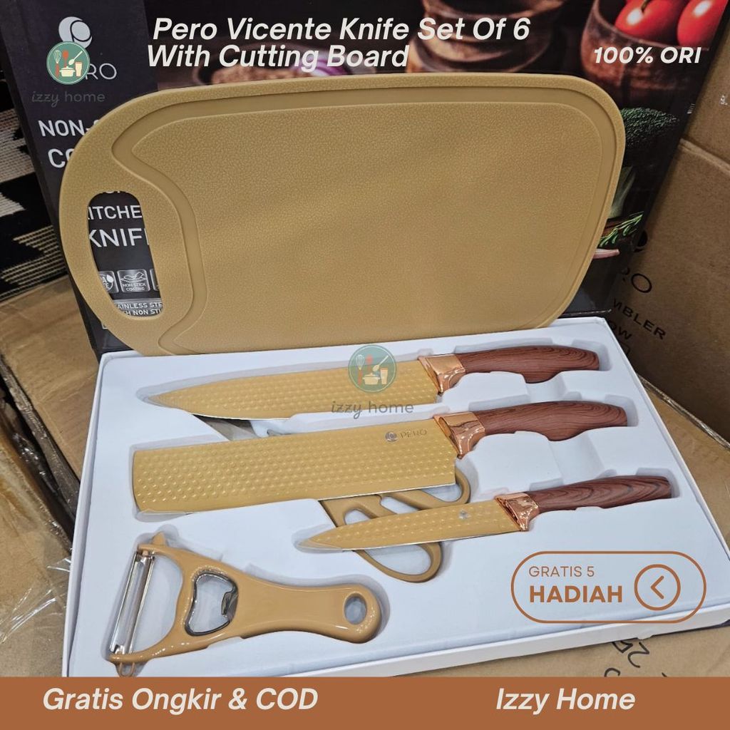 [Gratis 5 Hadiah] PERO Vicente Knife Set 6pcs + Cutting Board – Pisau Dapur Anti Lengket dengan Tale