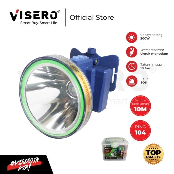 senter kepala selam 200W Visero VHL-020AW Original 100% || Senter kepala cas visero 200W Ring 104 ca