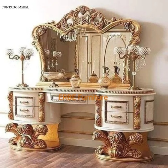 Termurah meja rias ukir mewah cat duco emas jepara kayu jati - harga dp A