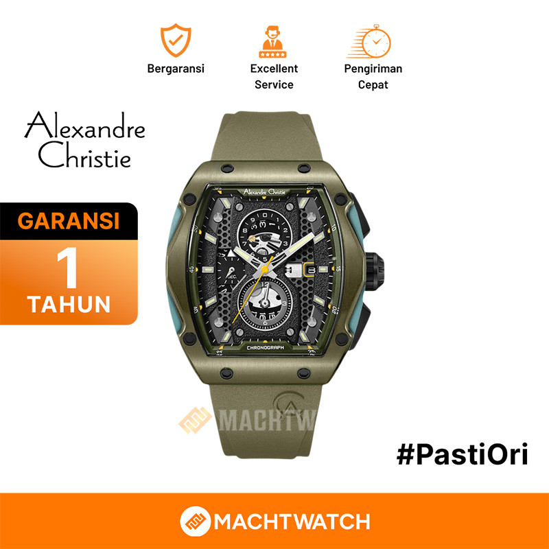 Jam Tangan Pria Alexandre Christie Chronograph AC 6608 MC RGABA Men Black Dial Green Rubber Strap