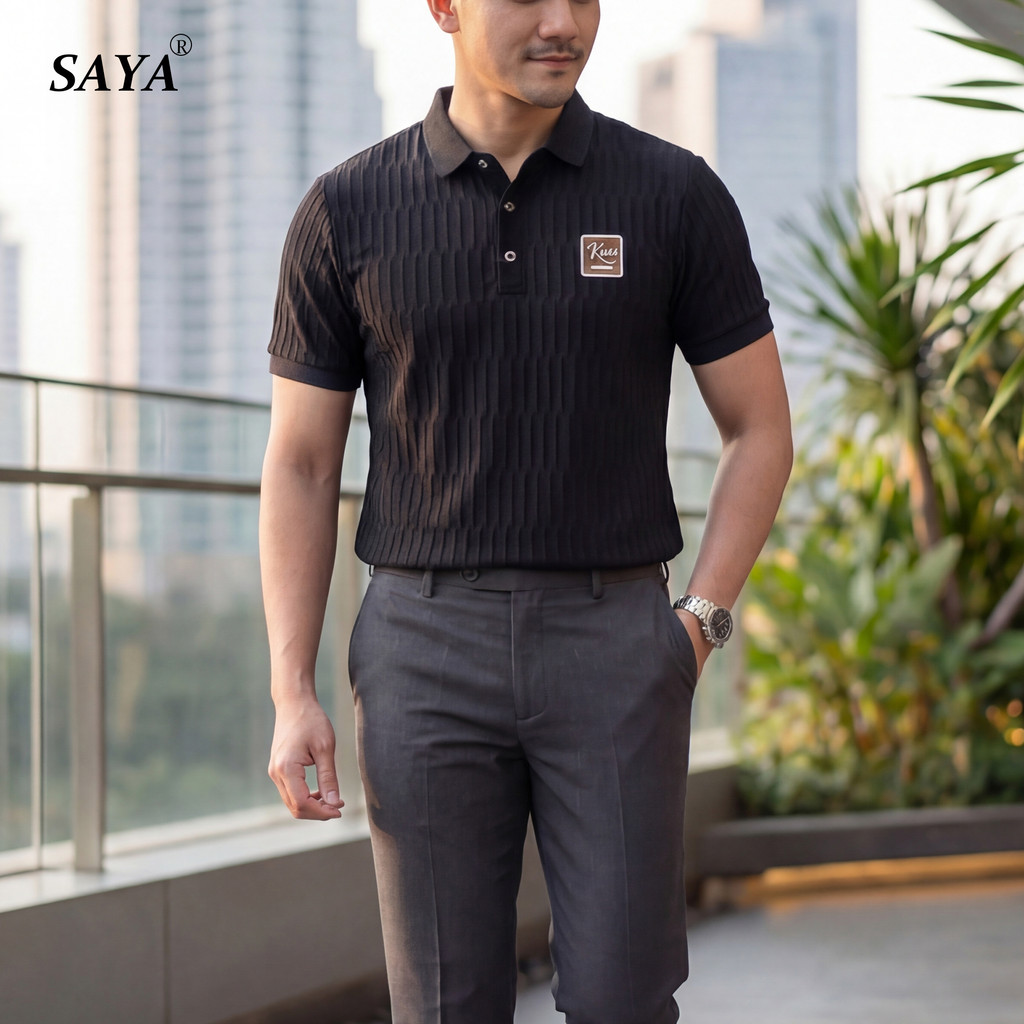 SAYA.SHOP Kaos Polo Pria Putih Kues Lengan Pendek Motif Garis Polos Dengan Logo Kancing Depan/hitam/