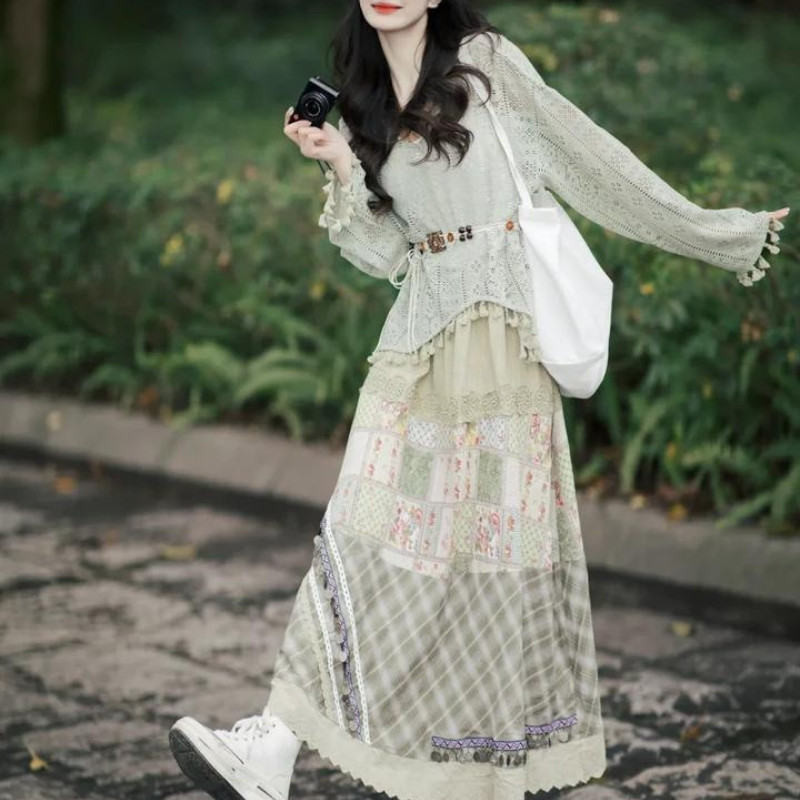 Mode Vogue Atasan dan rok rumbai berlubang gaya bohemian untuk wanita, rok gaya gadis Mori.