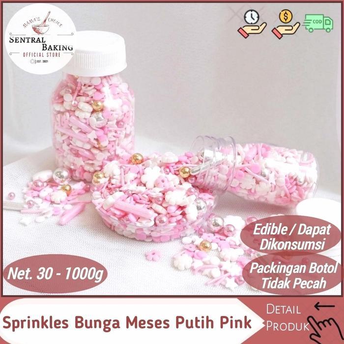 PROMO Sprinkle Kue Bunga Meses Putih Pink / Springkle Kue Springkel Hias Kue - 100 gram