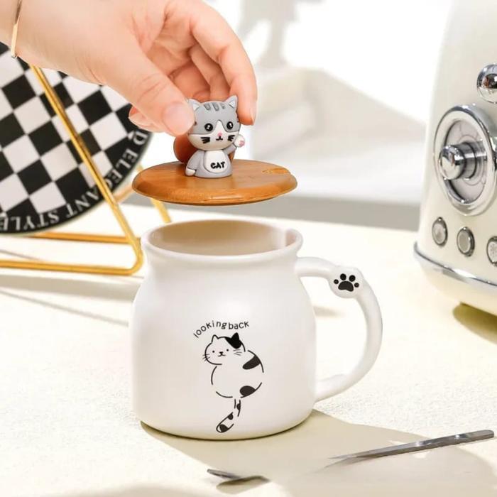 Promo Mug Keramik Kucing dengan Tutup Kayu / Cangkir Keramik Cute Kucing - Putih / White
