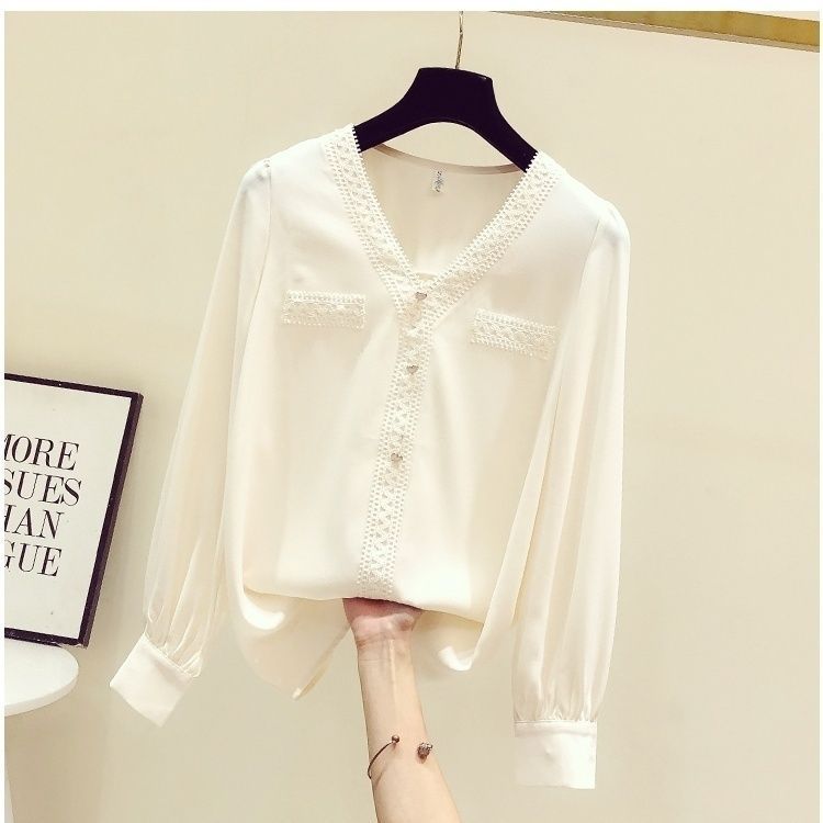 Blus Wanita Lengan Panjang Bahan Sifon dengan Hiasan Renda yang Modis dan Longgar