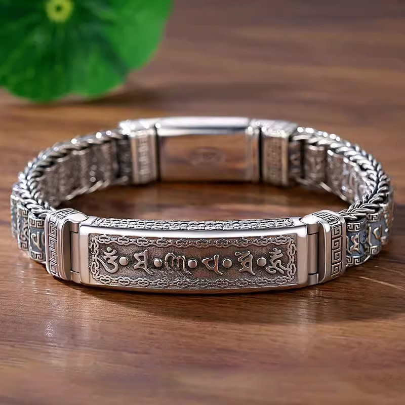 [Saror]S925Gelang Plakat Perak Mantra Enam Kata Perak Murni untuk Pria