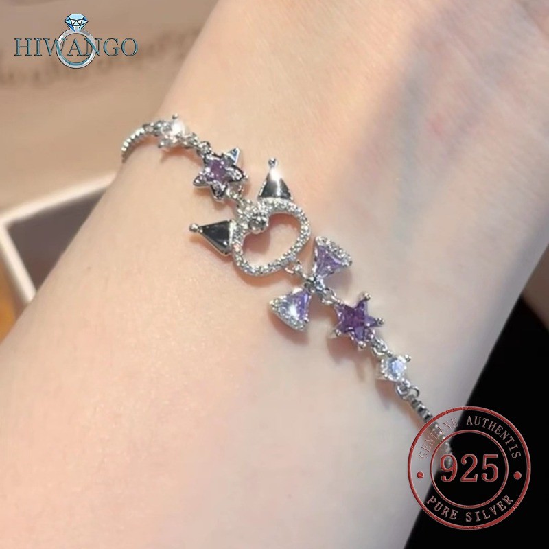 HIWANGO Gelang Perak 925 Zircon 5A Berongga Wanita Pita Ungu Kartun Lucu