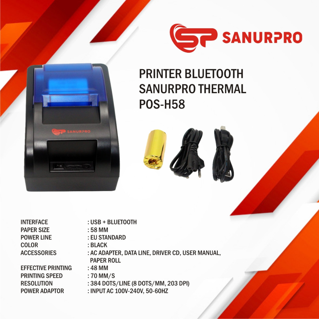 Printer Bluetooth Sanurpro Thermal POS-H58 Printer Thermal Bluetooth Sanurpro POS-H58 Thermal Printe