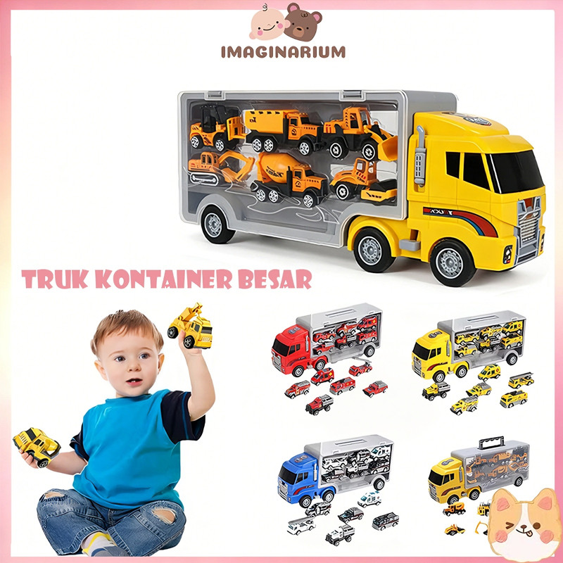 COD-BESAR & KUAT Mobil Kontainer Mainan Anak Die-Cast Alloy + Inertia + Tarik Mundur | Truk Penyimpa