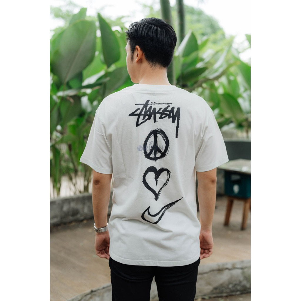 Dijamin 100%  NIKE X STUSSY Peace , Love Swoosh Tee White Original / Baju Kaos Stussy Authentic