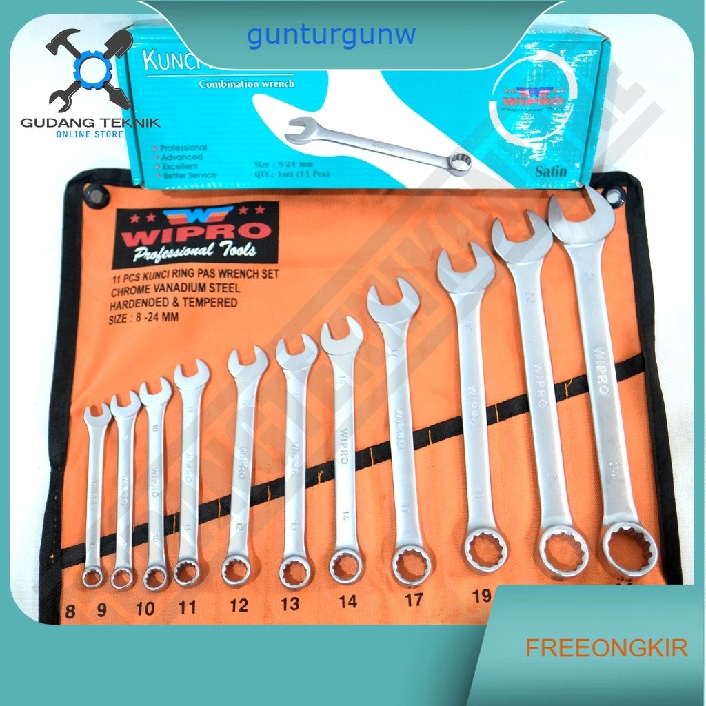 Kunci Ring Pas SET 11pcs 8-24mm WIPRO  / Kunci Ring Pas 11 pcs Set 8-24 mm - Combination Wrench Set 