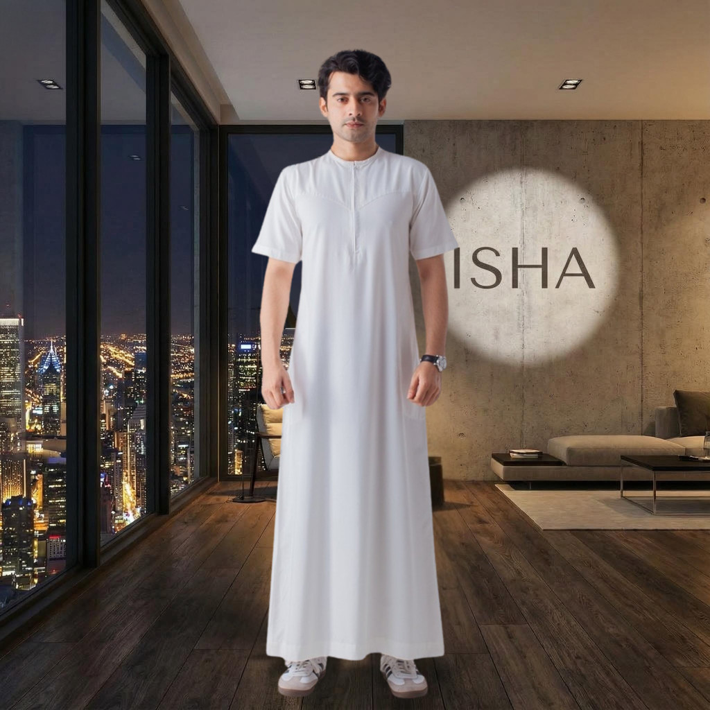 Jubah Pria Lengan Pendek Slim Fit   Warna Putih  Kerah Bulat